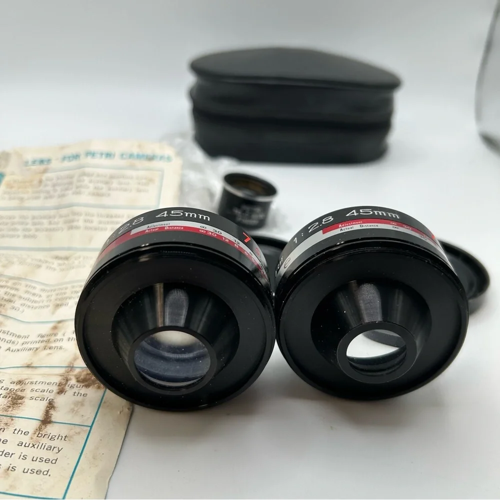 Petri Aux Camera Lens 45mm Telephoto and 45mm Wide Angle 1:1.8 With Case VTG